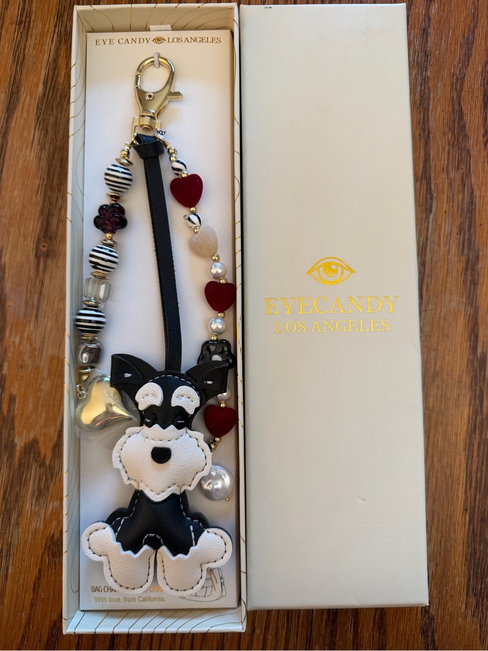 EyeCandy Los Angeles Schnauzer Bag Charm with Red Hearts. HTF